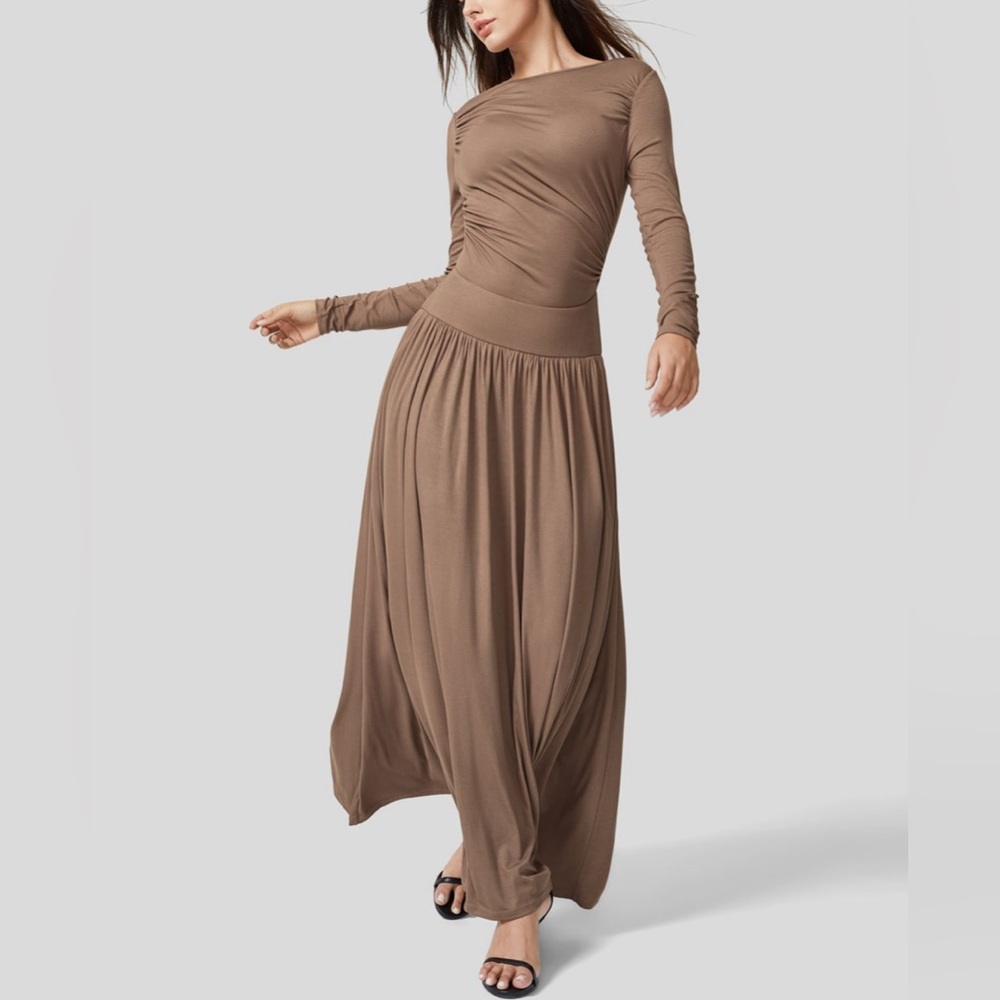 [SOLD] HALARA Long Sleeve Ribbed Boat Neck  Ruched Side Pocket Flowy Maxi Casual